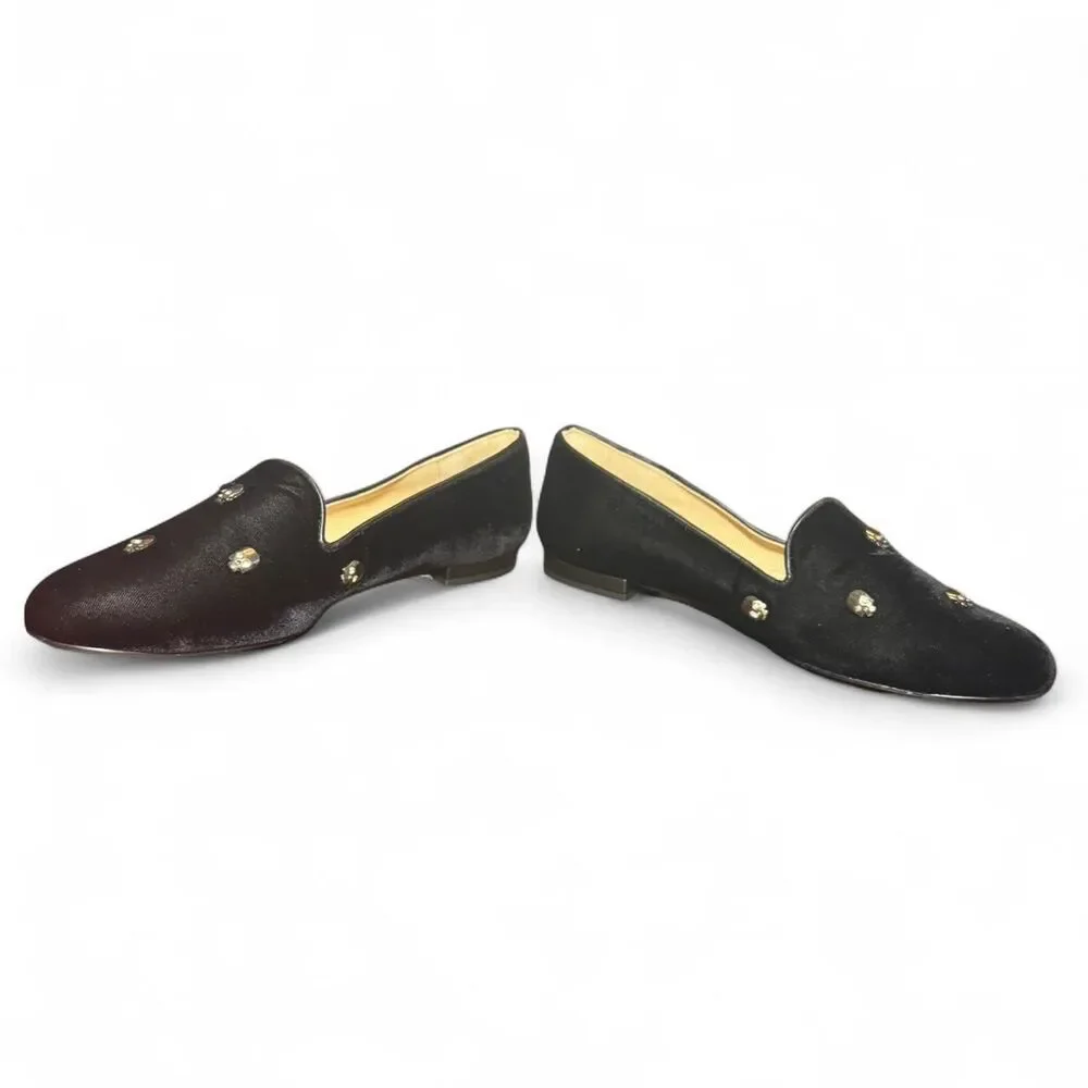 Jon Josef Velvet Smoking Slippers Womens 8.5 Black Skull Stud Loafers Made Spain